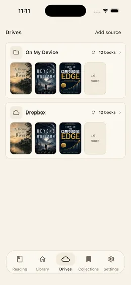 Libra's Drives screen showing connected sources including On My Device and Dropbox