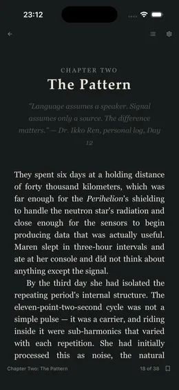 Libra's reader in Black mode displaying a book page in serif type