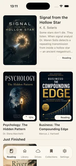 Libra's reading tab showing a continue-reading card with progress and a list of books